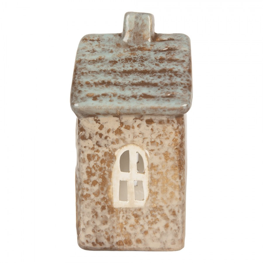 Clayre & Eef Teelichthalter Keramik Lichthaus Reaktivglasur Herzfenster Kamin Blaues Dach 9x6x13 cm (6CE2291)