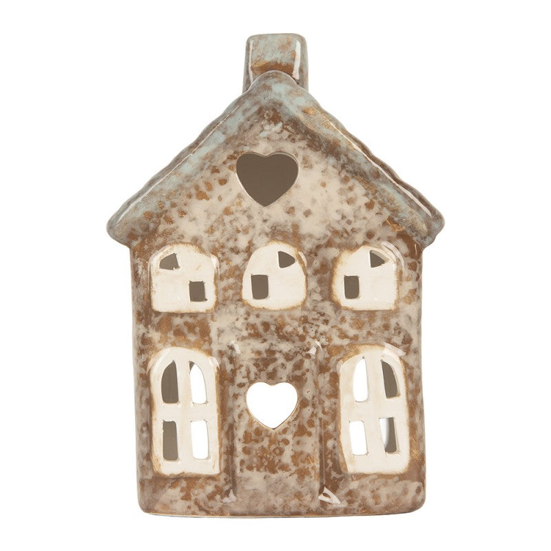 Clayre & Eef Teelichthalter Keramik Lichthaus Reaktivglasur Herzfenster Kamin Blaues Dach 9x6x13 cm (6CE2291)