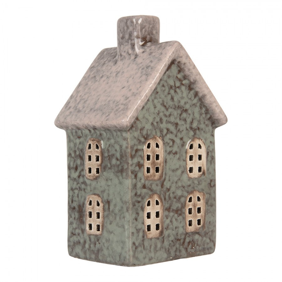 Clayre & Eef Teelichthalter Keramik Lichthaus Scandi Look Salbeigruen Reaktivglasur Herzfenster Kamin 8x7x14 cm (6CE2292)
