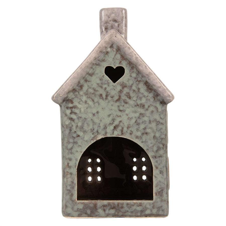 Clayre & Eef Teelichthalter Keramik Lichthaus Scandi Look Salbeigruen Reaktivglasur Herzfenster Kamin 8x7x14 cm (6CE2292)