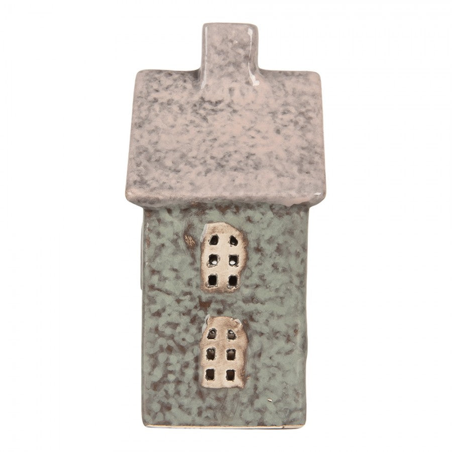 Clayre & Eef Teelichthalter Keramik Lichthaus Scandi Look Salbeigruen Reaktivglasur Herzfenster Kamin 8x7x14 cm (6CE2292)
