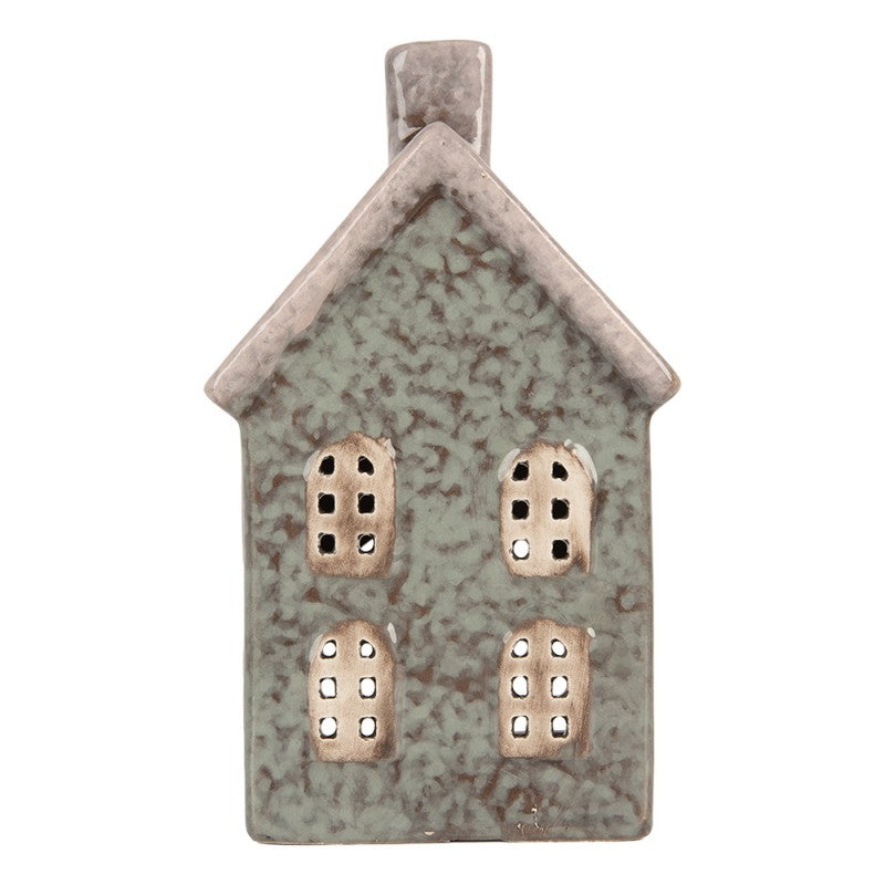 Clayre & Eef Teelichthalter Keramik Lichthaus Scandi Look Salbeigruen Reaktivglasur Herzfenster Kamin 8x7x14 cm (6CE2292)