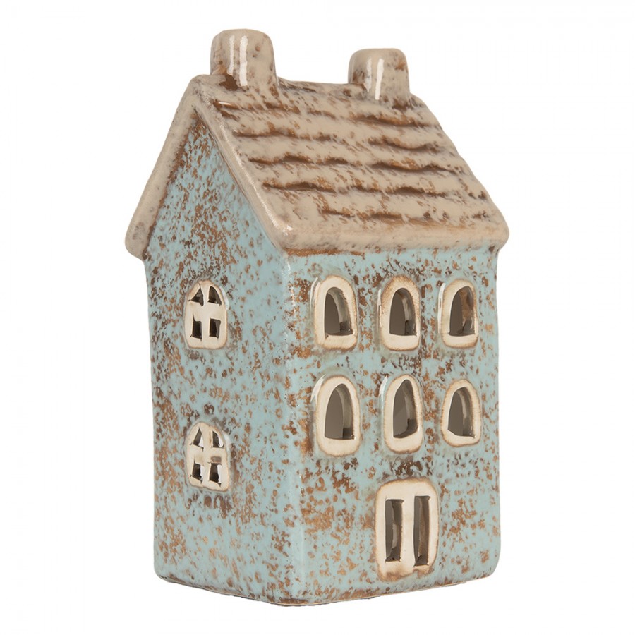 Clayre & Eef Teelichthalter Keramik Lichthaus Scandi Cottage Himmelblau Ziegeldach Doppel-Kamin 8x7x15 cm (6CE2293)