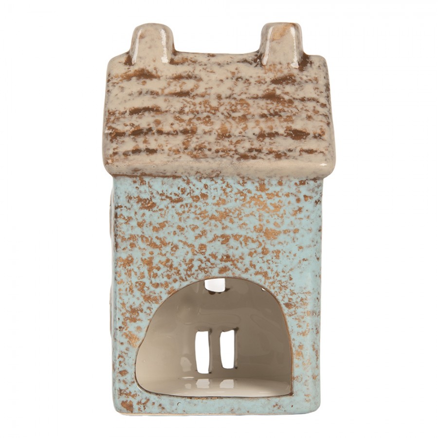 Clayre & Eef Teelichthalter Keramik Lichthaus Scandi Cottage Himmelblau Ziegeldach Doppel-Kamin 8x7x15 cm (6CE2293)