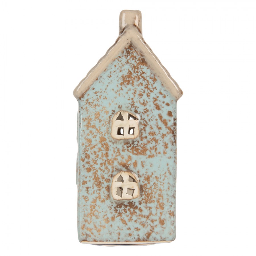 Clayre & Eef Teelichthalter Keramik Lichthaus Scandi Cottage Himmelblau Ziegeldach Doppel-Kamin 8x7x15 cm (6CE2293)