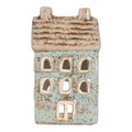 Clayre & Eef Teelichthalter Keramik Lichthaus Scandi Cottage Himmelblau Ziegeldach Doppel-Kamin 8x7x15 cm (6CE2293)