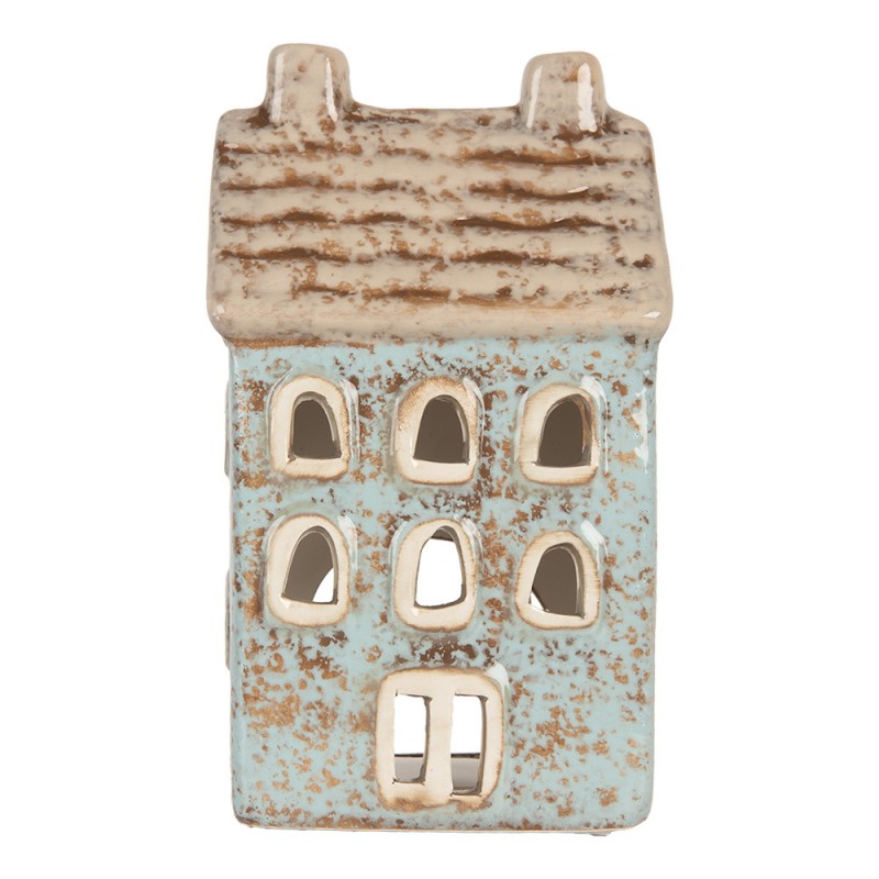Clayre & Eef Teelichthalter Keramik Lichthaus Scandi Cottage Himmelblau Ziegeldach Doppel-Kamin 8x7x15 cm (6CE2293)