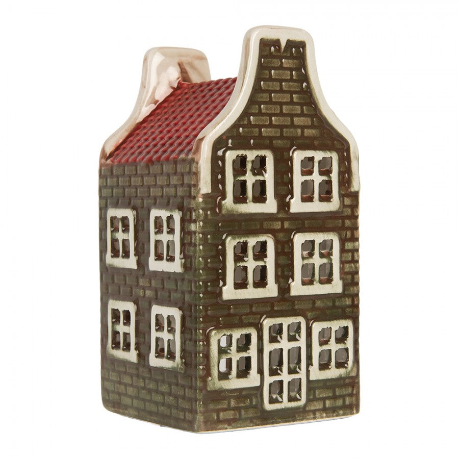 Clayre & Eef Teelichthalter Keramik Lichthaus Grachtenhaus Glockengiebel Gruen Rotes Dach 7x7x14 cm (6CE2298)