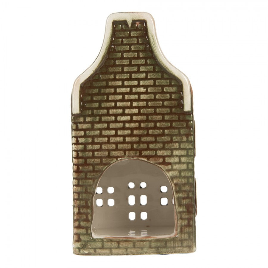 Clayre & Eef Teelichthalter Keramik Lichthaus Grachtenhaus Glockengiebel Gruen Rotes Dach 7x7x14 cm (6CE2298)