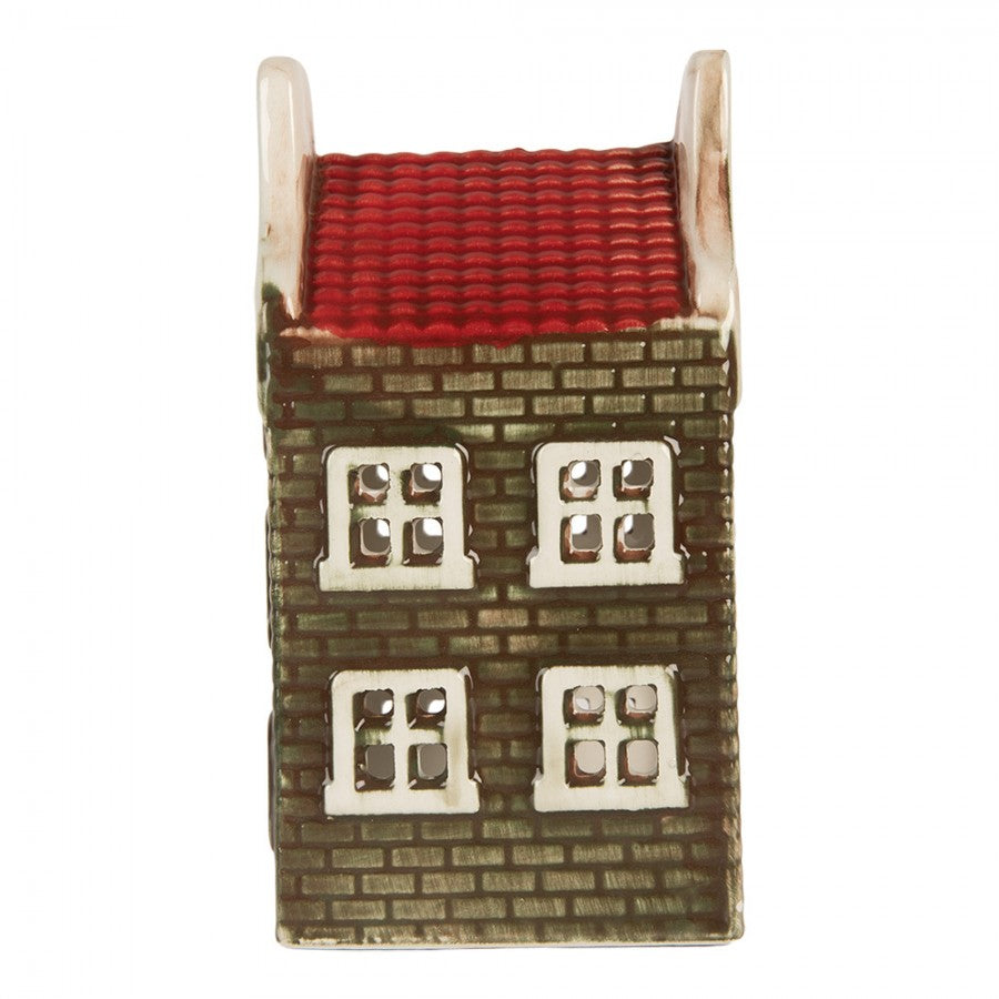 Clayre & Eef Teelichthalter Keramik Lichthaus Grachtenhaus Glockengiebel Gruen Rotes Dach 7x7x14 cm (6CE2298)