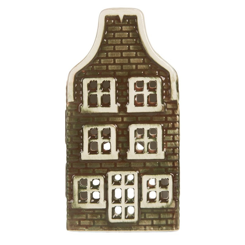 Clayre & Eef Teelichthalter Keramik Lichthaus Grachtenhaus Glockengiebel Gruen Rotes Dach 7x7x14 cm (6CE2298)