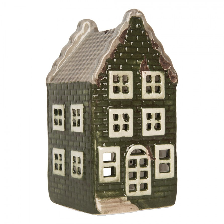 Clayre & Eef Teelichthalter Keramik Lichthaus Grachtenhaus Schweifgiebel Gruen Taupe Dach 7x7x14 cm (6CE2301)