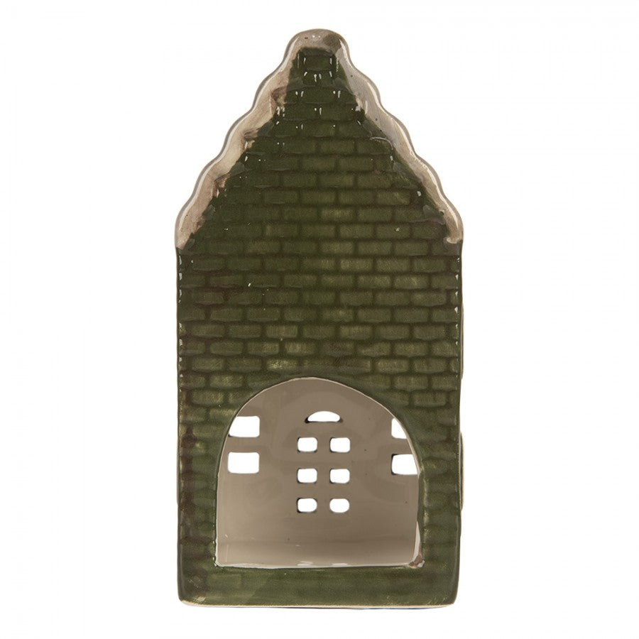 Clayre & Eef Teelichthalter Keramik Lichthaus Grachtenhaus Schweifgiebel Gruen Taupe Dach 7x7x14 cm (6CE2301)