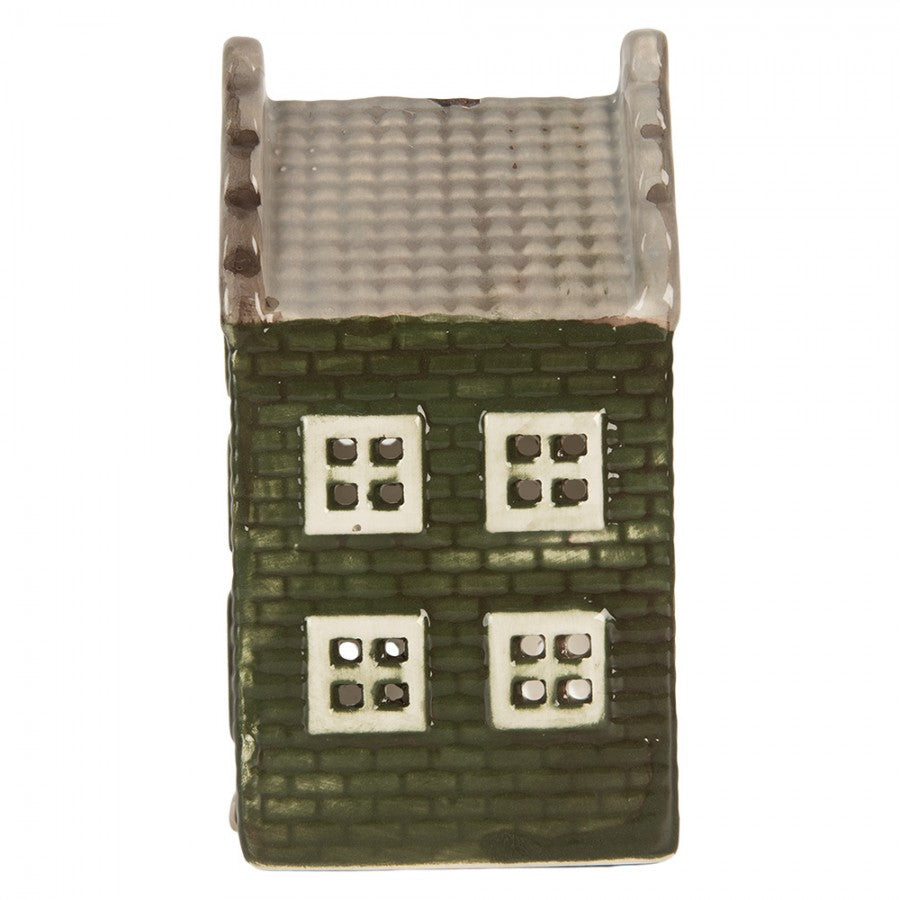 Clayre & Eef Teelichthalter Keramik Lichthaus Grachtenhaus Schweifgiebel Gruen Taupe Dach 7x7x14 cm (6CE2301)