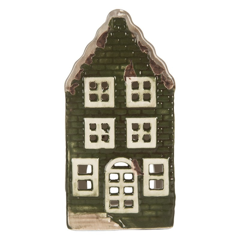Clayre & Eef Teelichthalter Keramik Lichthaus Grachtenhaus Schweifgiebel Gruen Taupe Dach 7x7x14 cm (6CE2301)