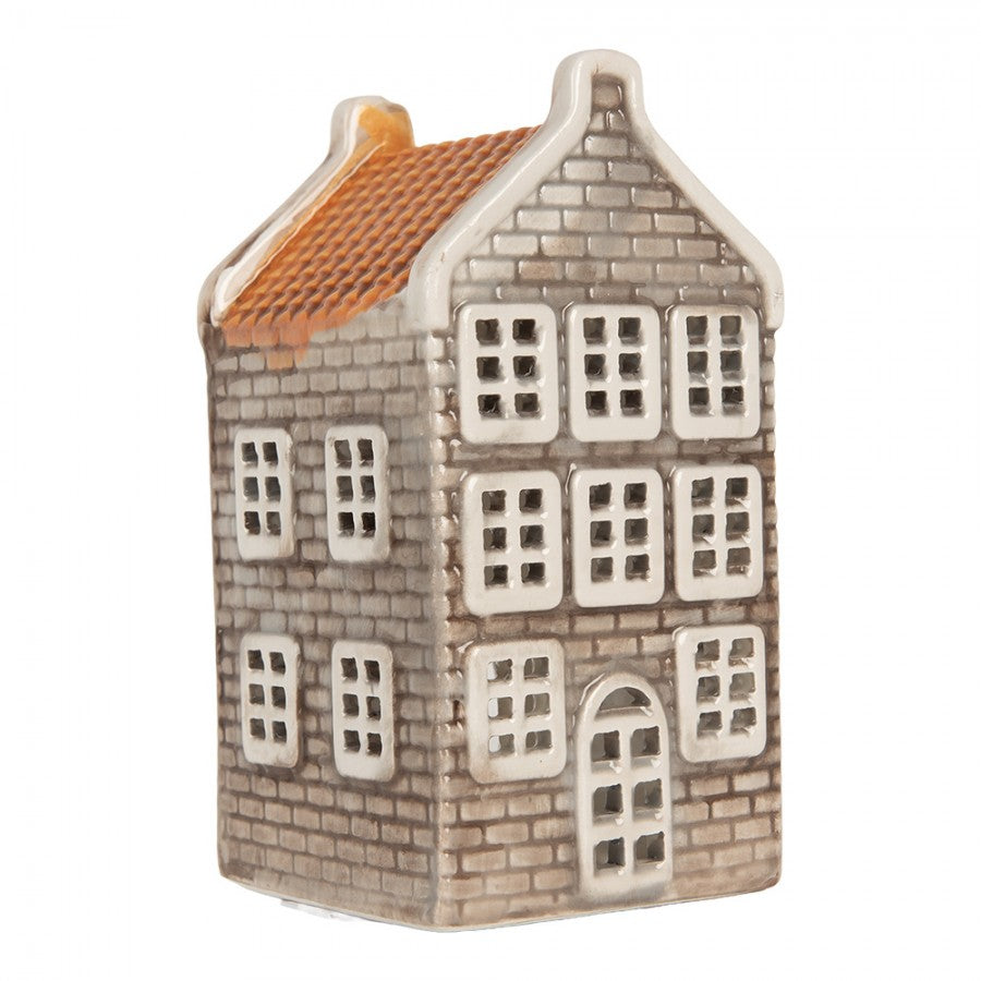 Clayre & Eef Teelichthalter Keramik Lichthaus Grachtenhaus Halsgiebel Grau Terrakotta Dach 7x7x14 cm (6CE2304)