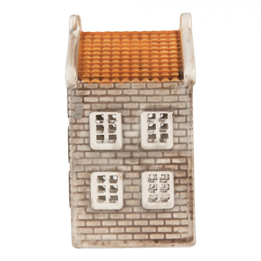 Clayre & Eef Teelichthalter Keramik Lichthaus Grachtenhaus Halsgiebel Grau Terrakotta Dach 7x7x14 cm (6CE2304)