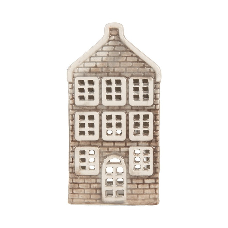 Clayre & Eef Teelichthalter Keramik Lichthaus Grachtenhaus Halsgiebel Grau Terrakotta Dach 7x7x14 cm (6CE2304)
