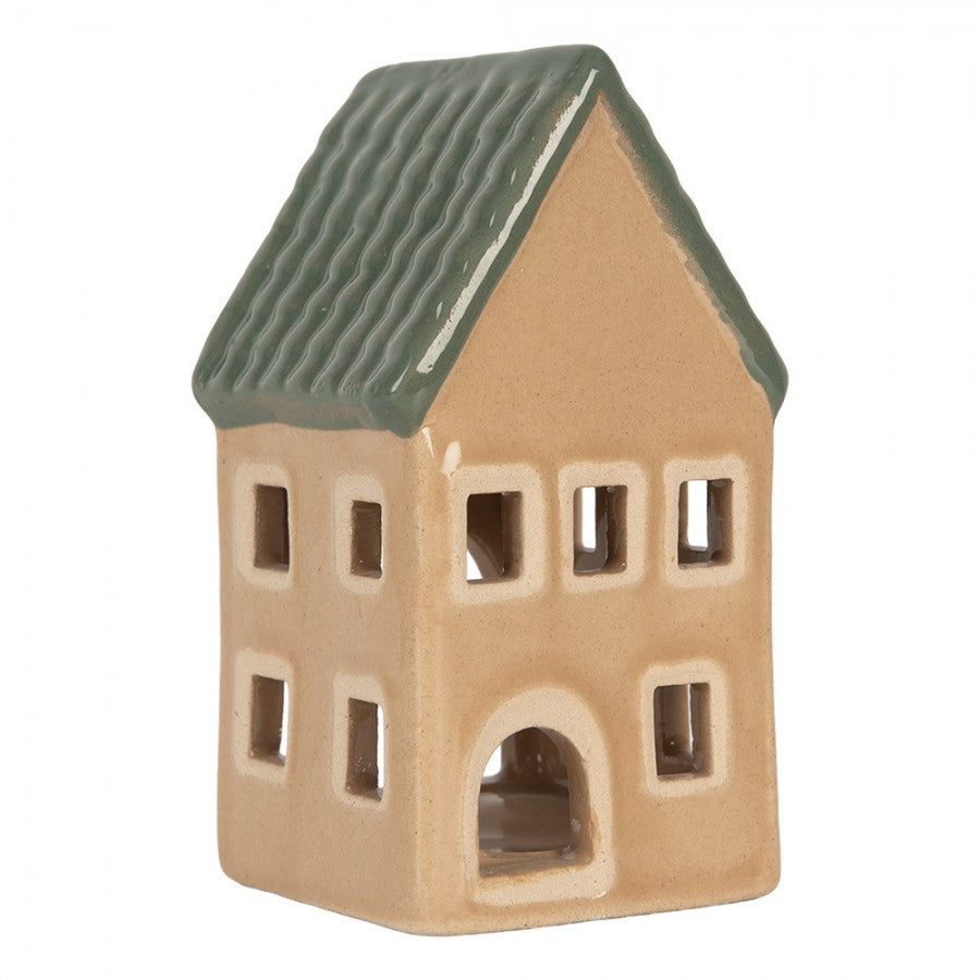Clayre & Eef Teelichthalter Mini Keramik Lichthaus Karamell Moosgruenes Ziegeldach Schornstein 6x6x11 cm (6CE2307)