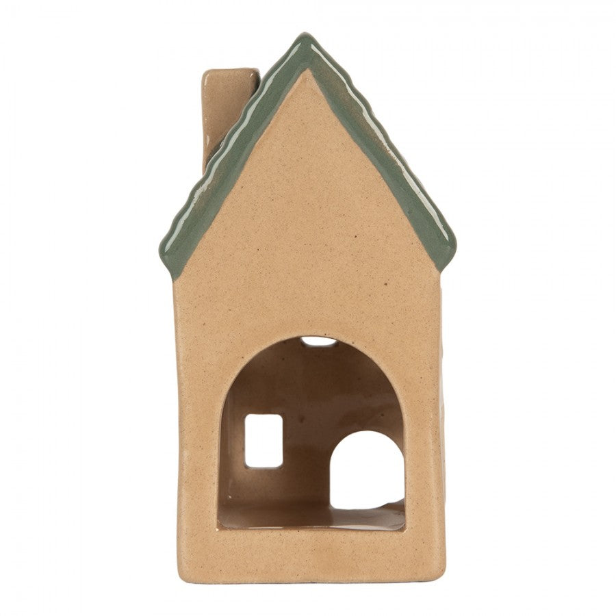 Clayre & Eef Teelichthalter Mini Keramik Lichthaus Karamell Moosgruenes Ziegeldach Schornstein 6x6x11 cm (6CE2307)