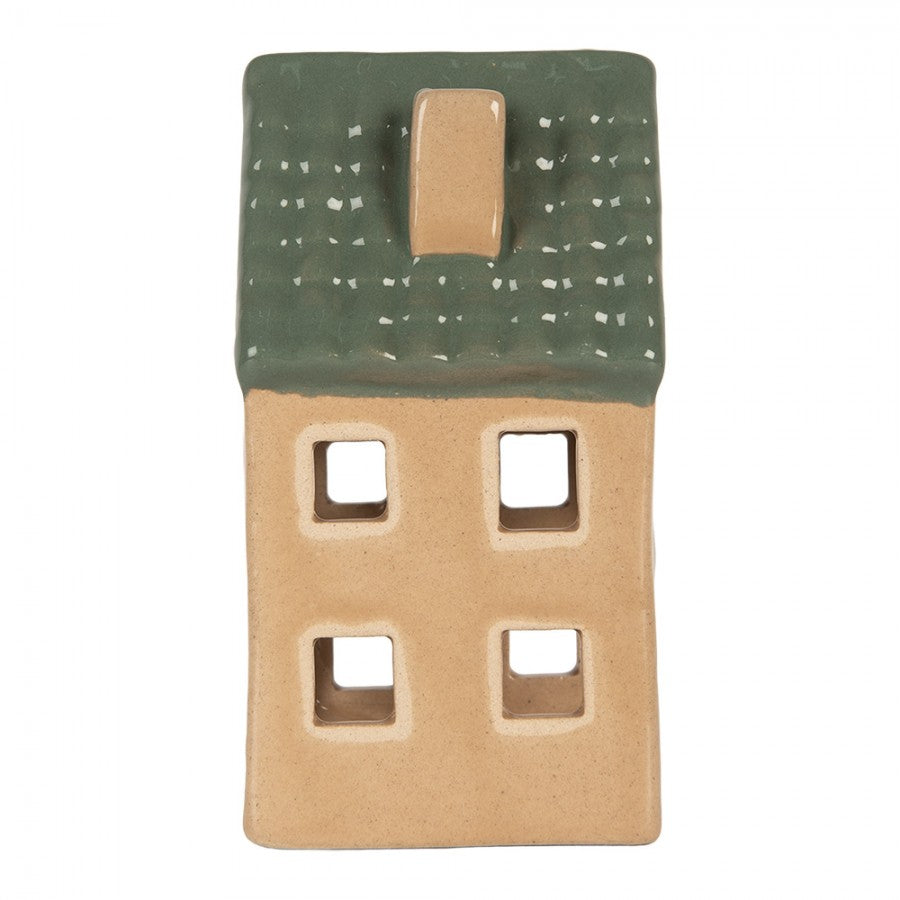 Clayre & Eef Teelichthalter Mini Keramik Lichthaus Karamell Moosgruenes Ziegeldach Schornstein 6x6x11 cm (6CE2307)