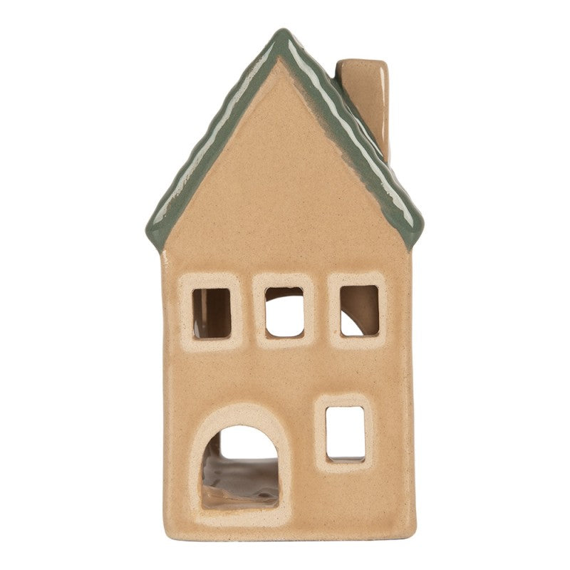 Clayre & Eef Teelichthalter Mini Keramik Lichthaus Karamell Moosgruenes Ziegeldach Schornstein 6x6x11 cm (6CE2307)