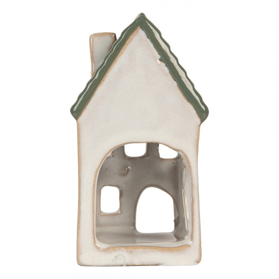 Clayre & Eef Teelichthalter Keramik Lichthaus Scandi Look Gruenes Ziegeldach Kamin 7x7x13 cm (6CE2308)