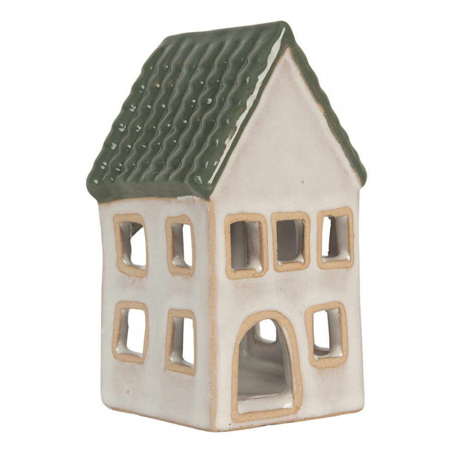 Clayre & Eef Teelichthalter Keramik Lichthaus Scandi Look Gruenes Ziegeldach Kamin 7x7x13 cm (6CE2308)