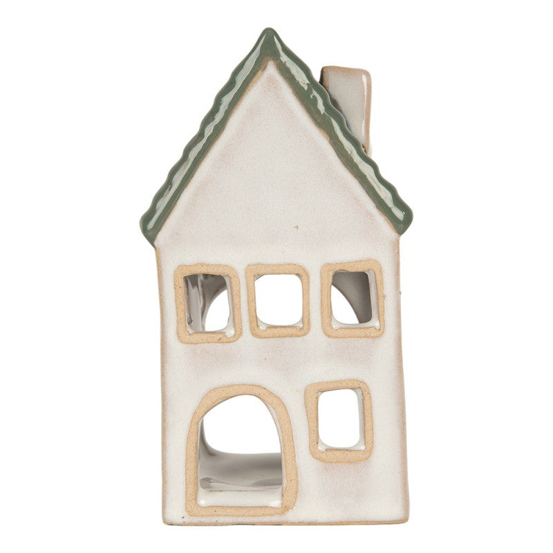 Clayre & Eef Teelichthalter Keramik Lichthaus Scandi Look Gruenes Ziegeldach Kamin 7x7x13 cm (6CE2308)