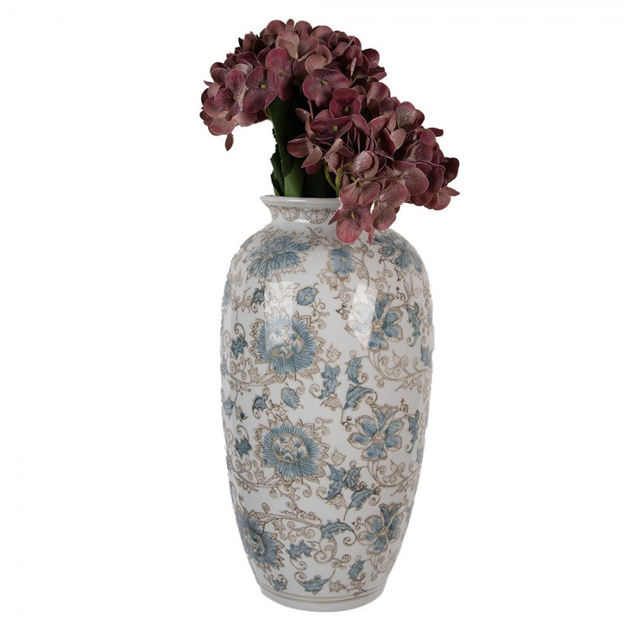 Chinoiserie-Wandvase Blütenranken Blau-Weiß Keramik 19x10x38 cm von Clayre & Eef (6CE2373)