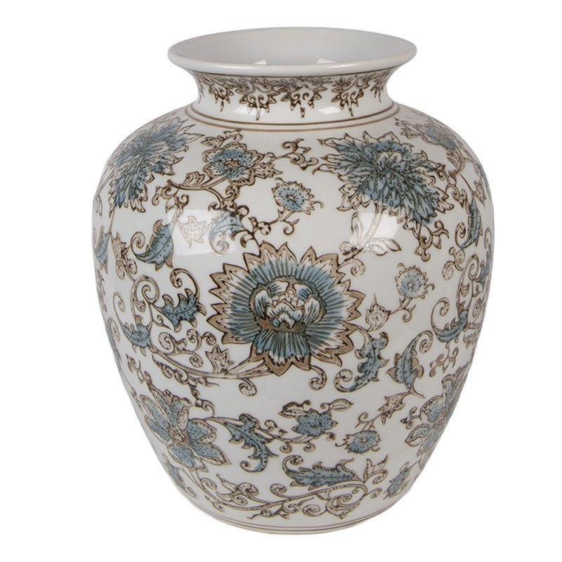 Chinoiserie-Dekovase Blütenranken Blau-Weiß Keramik Bauchform Ø 22x25 cm von Clayre & Eef (6CE2374)