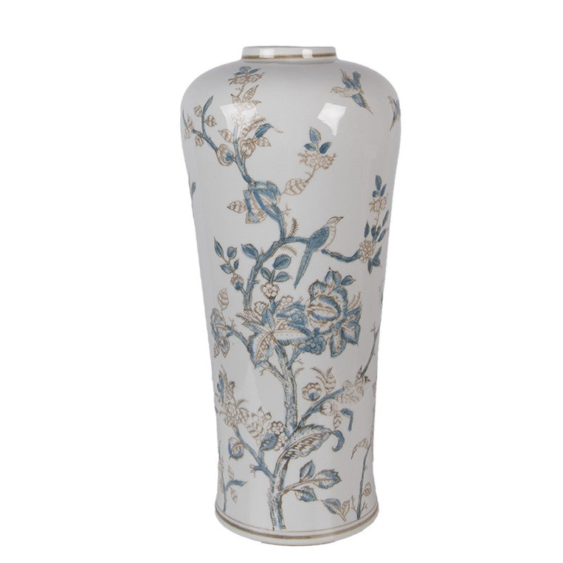 Chinoiserie-Bodenvase Vögel & Blütenbaum Blau-Weiß Keramik Säulenform Ø 17x39 cm von Clayre & Eef (6CE2375)