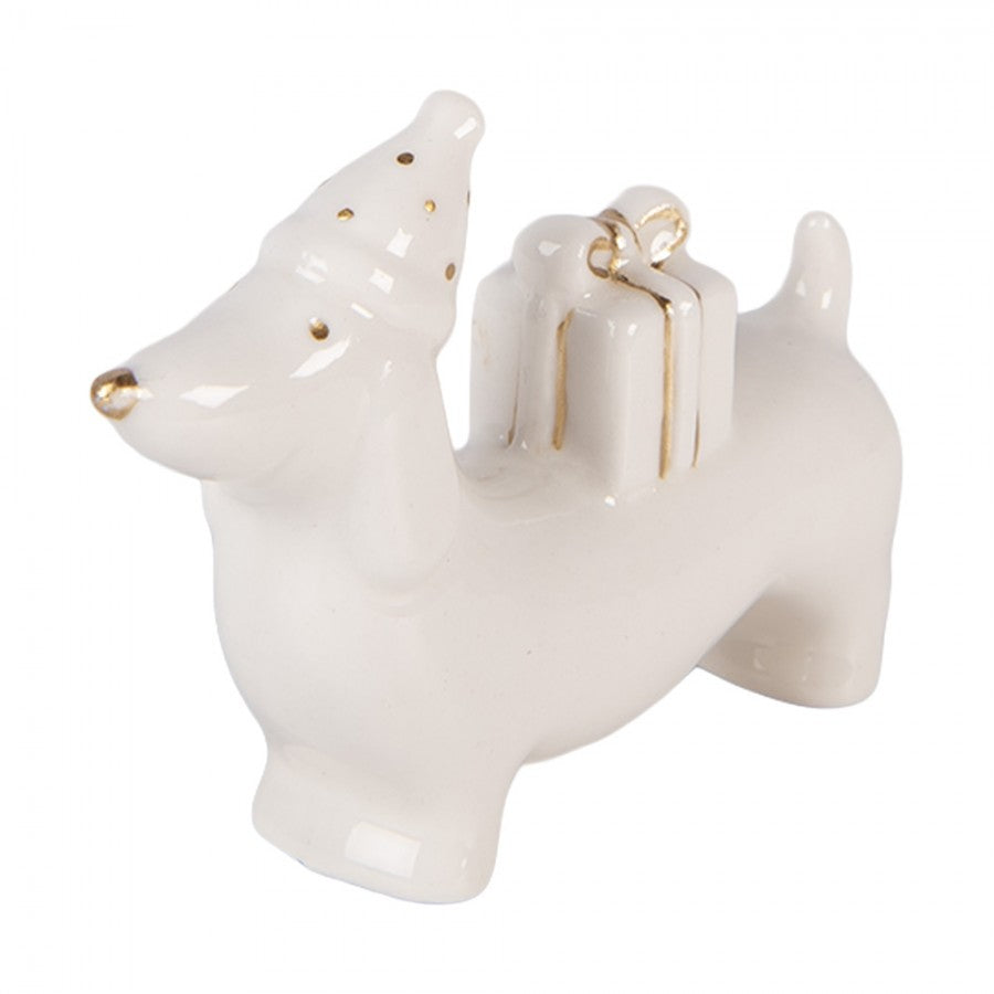 Weihnachtsfigur Hund Dackel mit Geschenken & Mütze Porzellan Weiß Gold 8x2x5 cm von Clayre & Eef (6CE2430)