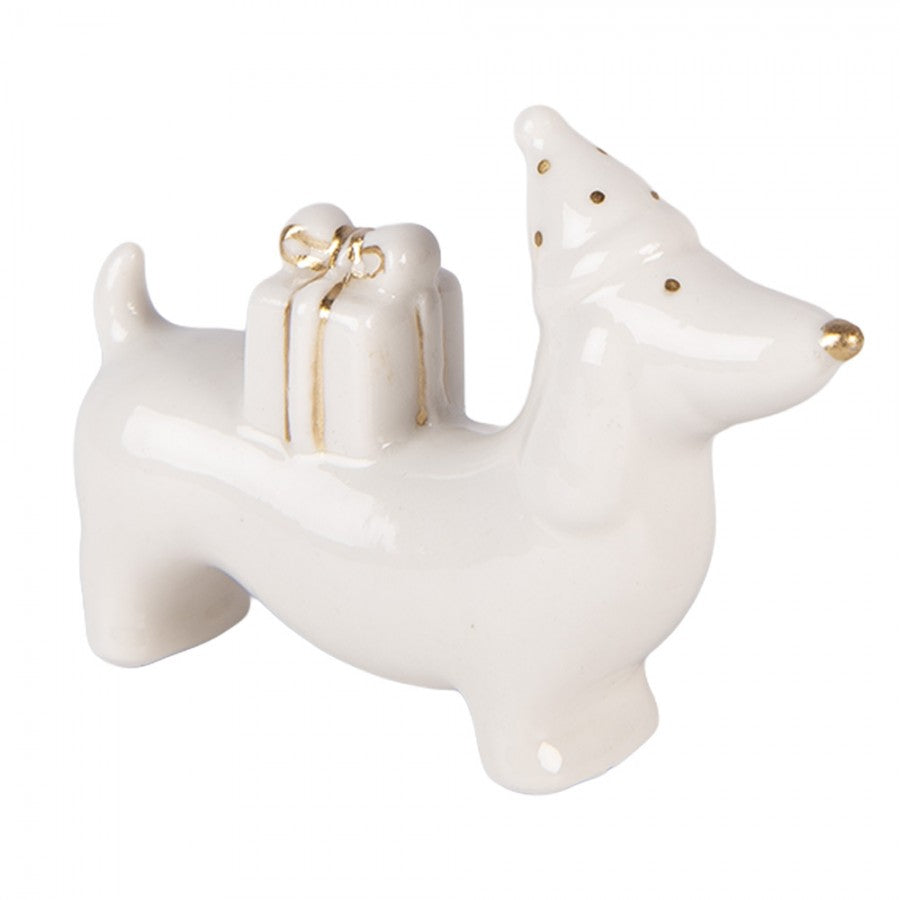 Weihnachtsfigur Hund Dackel mit Geschenken & Mütze Porzellan Weiß Gold 8x2x5 cm von Clayre & Eef (6CE2430)