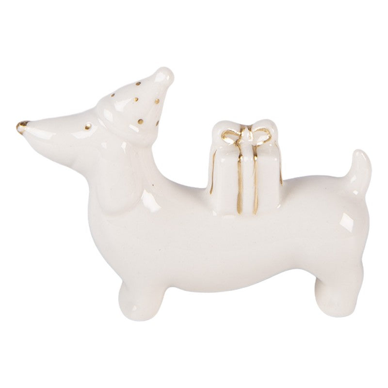 Weihnachtsfigur Hund Dackel mit Geschenken & Mütze Porzellan Weiß Gold 8x2x5 cm von Clayre & Eef (6CE2430)