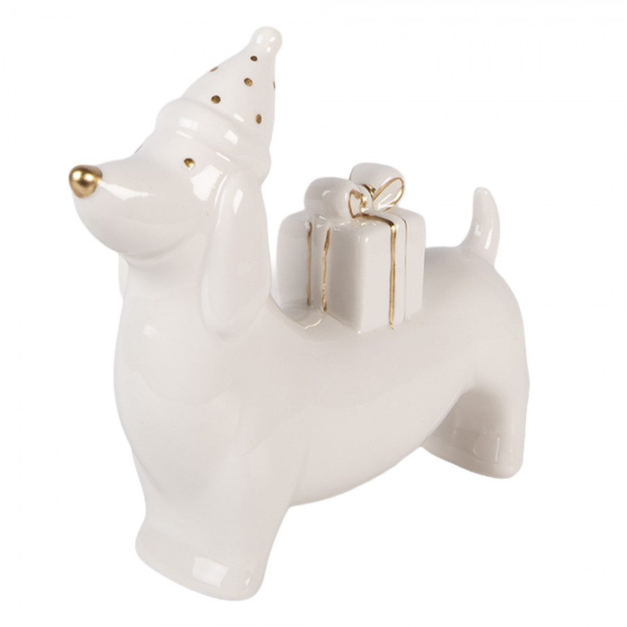 Weihnachtsfigur Hund Dackel mit Mütze & Geschenk groß Porzellan Weiß Gold 15x4x13 cm von Clayre & Eef (6CE2431)