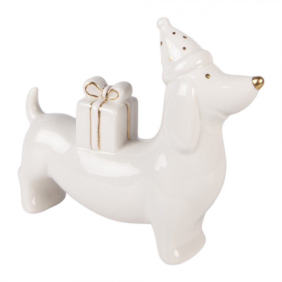 Weihnachtsfigur Hund Dackel mit Mütze & Geschenk groß Porzellan Weiß Gold 15x4x13 cm von Clayre & Eef (6CE2431)