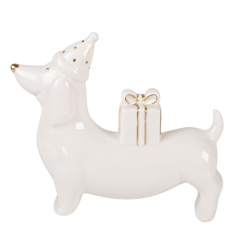 Weihnachtsfigur Hund Dackel mit Mütze & Geschenk groß Porzellan Weiß Gold 15x4x13 cm von Clayre & Eef (6CE2431)