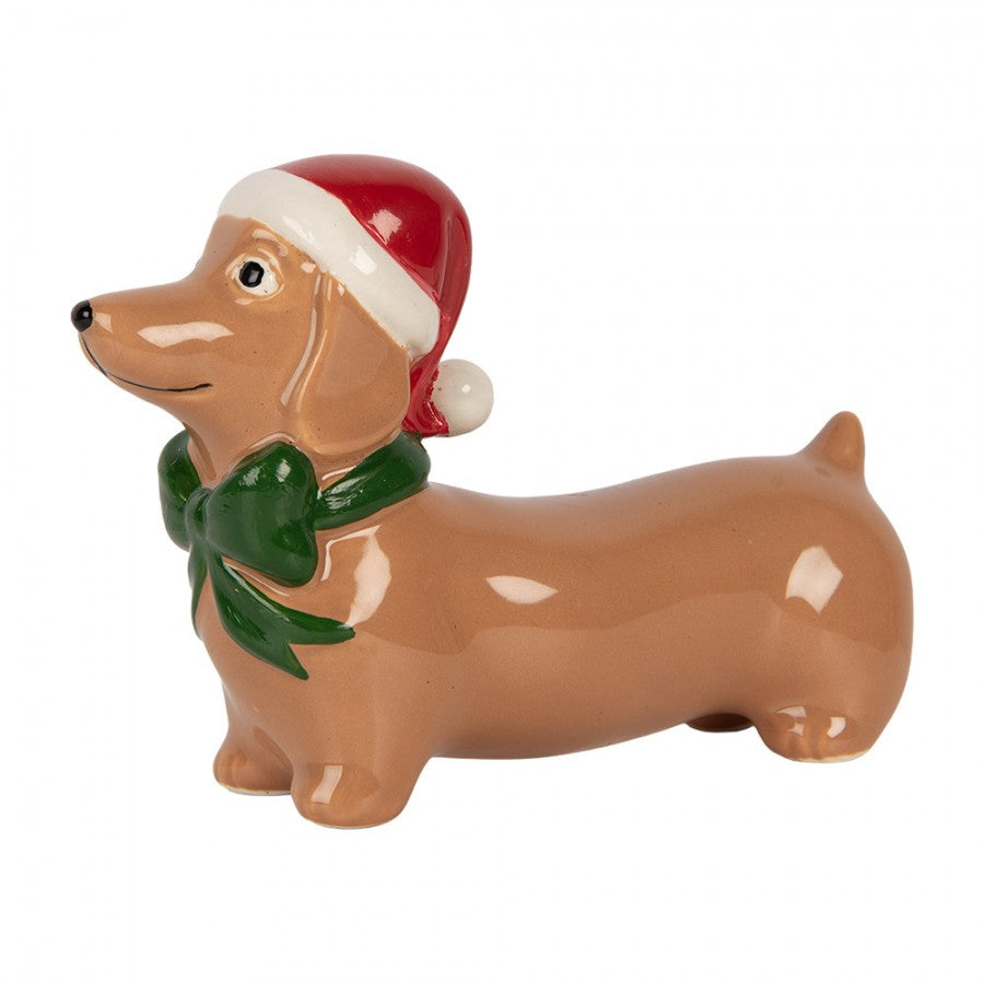 Weihnachtsfigur Hund Dackel mit Nikolausmütze & Schleife Porzellan Braun Rot 15x5x11 cm von Clayre & Eef (6CE2434)