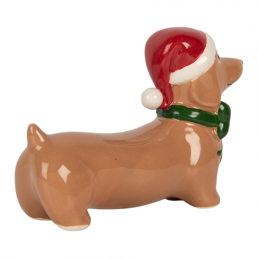 Weihnachtsfigur Hund Dackel mit Nikolausmütze & Schleife Porzellan Braun Rot 15x5x11 cm von Clayre & Eef (6CE2434)