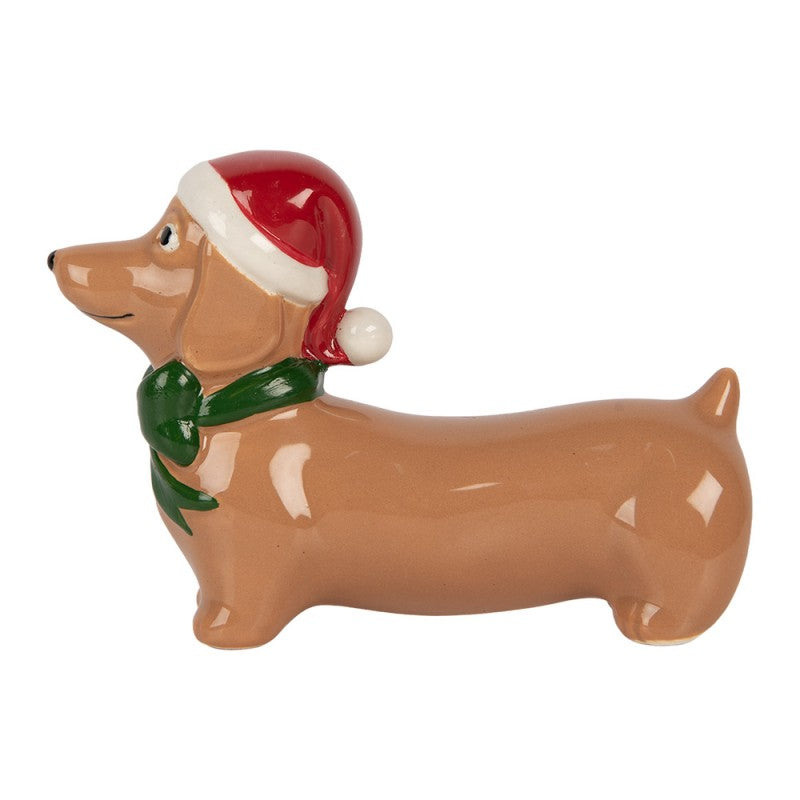 Weihnachtsfigur Hund Dackel mit Nikolausmütze & Schleife Porzellan Braun Rot 15x5x11 cm von Clayre & Eef (6CE2434)