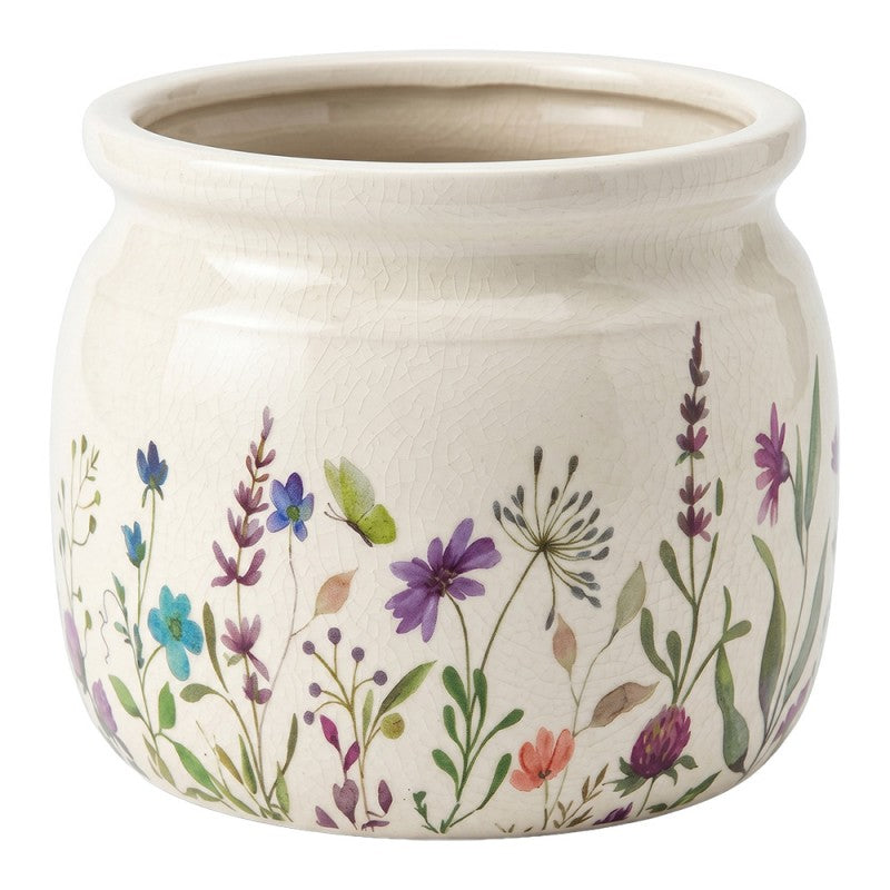 Clayre & Eef Blumentopf „Landhaus Wildblumen“ aus Keramik in Antikgrau, Ø 20 cm (6CE2439L)