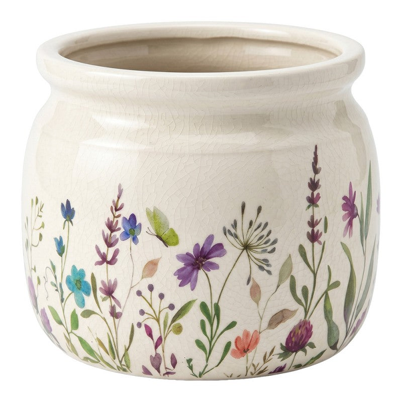 Clayre & Eef Blumentopf „Landhaus Wildblumen“ aus Keramik in Antikgrau, Ø 16 cm (6CE2439M)