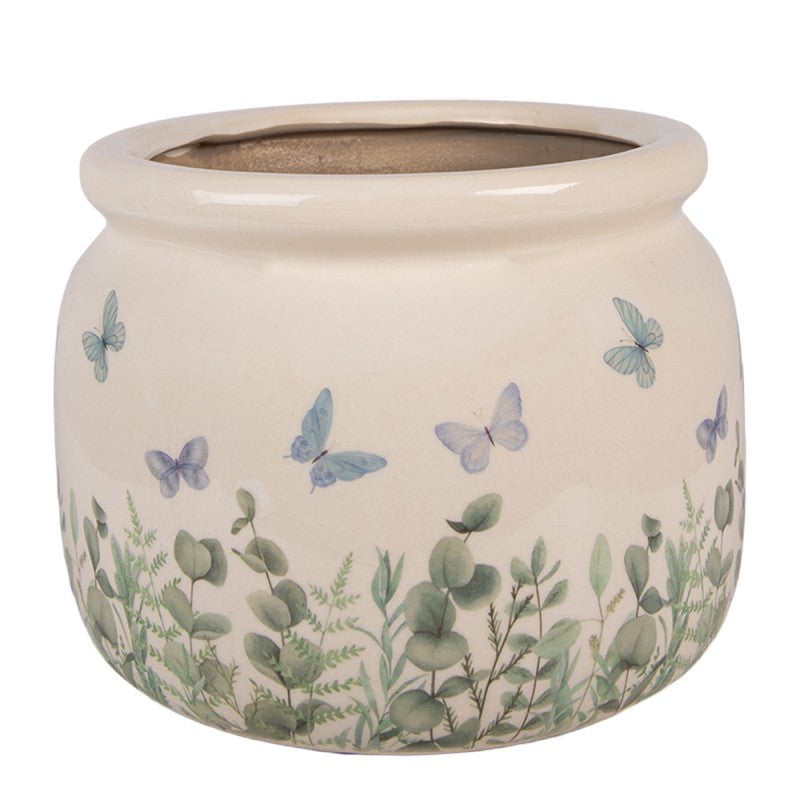 Clayre & Eef Blumentopf „Cottage Sommerblumen “ aus Keramik in Naturbeige, Ø 20 cm (6CE2441L)