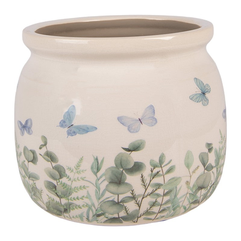 Clayre & Eef Blumentopf „Cottage Sommerblumen“ aus Keramik in Naturbeige, Ø 16 cm (6CE2441M)