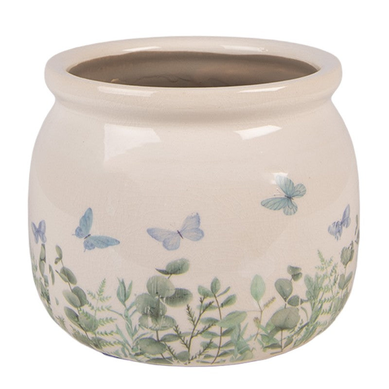 Clayre & Eef Blumentopf „Cottage Sommerblumen“ aus Keramik in Naturbeige, Ø 12 cm (6CE2441S)