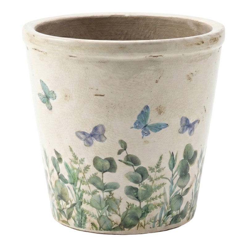 Clayre & Eef Blumentopf „Sommerblumen“ aus Keramik in Steingrau, Ø 21 cm (6CE2442XL)