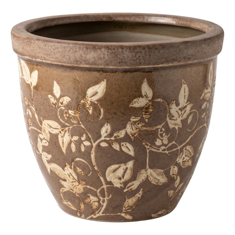 Clayre & Eef Blumentopf „Landhaus Antikbraun“ aus Keramik mit Ranken, Ø 15 cm (6CE2444M)