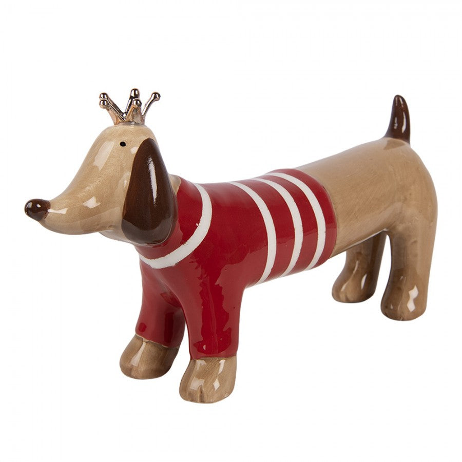 Dekofigur Hund Dackel mit Pullover & Krone Keramik Braun Rot 15x5x9 cm von Clayre & Eef (6CE2451)