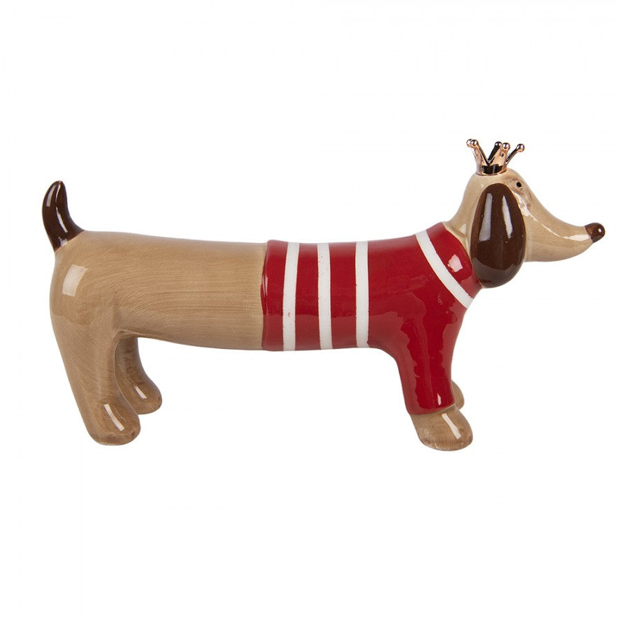Dekofigur Hund Dackel mit Pullover & Krone Keramik Braun Rot 15x5x9 cm von Clayre & Eef (6CE2451)